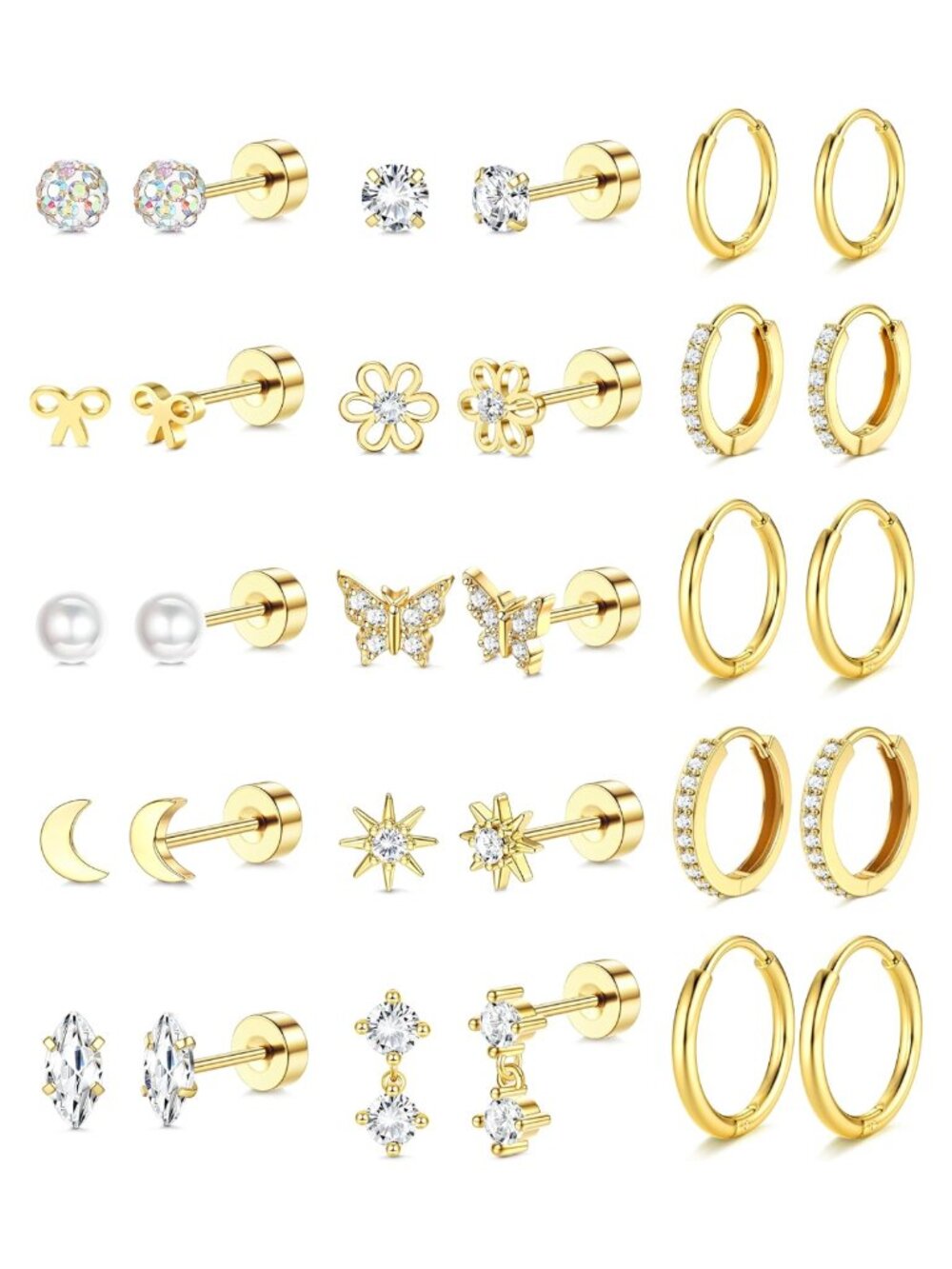 14K Gold Plated Flat Back Earrings Hypoallergenic Stainless Steel Stud Hoop Set